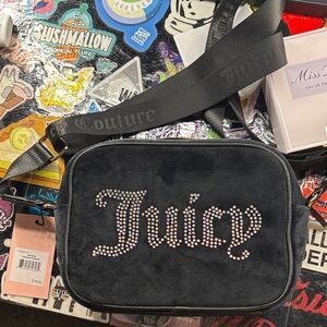 Juicy Couture Black Suede Crossbody with Pink Rhinestone 'Juicy' Logo